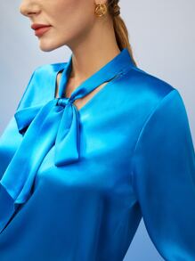 MOTF PREMIUM PURE SILK TIE-NECK BLOUSE - Blue - View 3