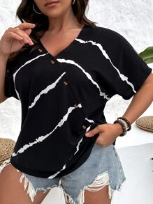 SHEIN LUNE 大碼圖案印花蝙蝠袖T恤 - 黑色 - 查看 4