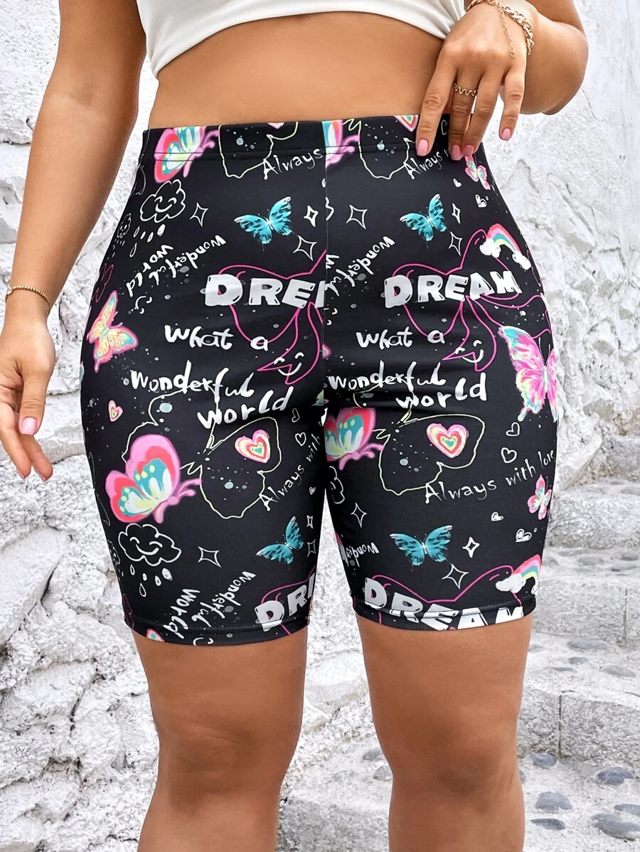 Flirla Plus Heart & Slogan Graphic Cycling Shorts - Black - View 1