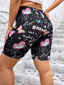Flirla Plus Heart & Slogan Graphic Cycling Shorts - Black - View 2