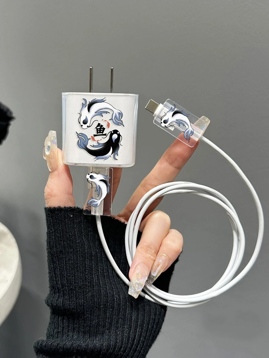 3 piezas con estampado de pescado transparente Protector de cable de dato & Cabeza de carga Funda Set - Multicolor - Ver 1