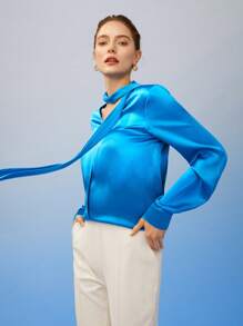 MOTF PREMIUM PURE SILK TIE-NECK BLOUSE - Blue - View 6