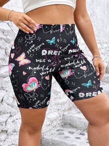 Flirla Plus Heart & Slogan Graphic Cycling Shorts - Black - View 4