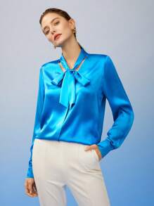 MOTF PREMIUM PURE SILK TIE-NECK BLOUSE - Blue - View 7