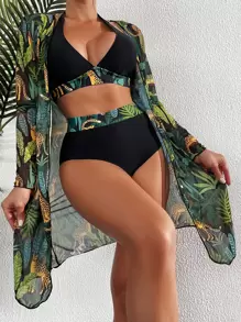 Swim Lushoire Summer Beach Tropical Print Halter Triangle Bikini Set With Kimono