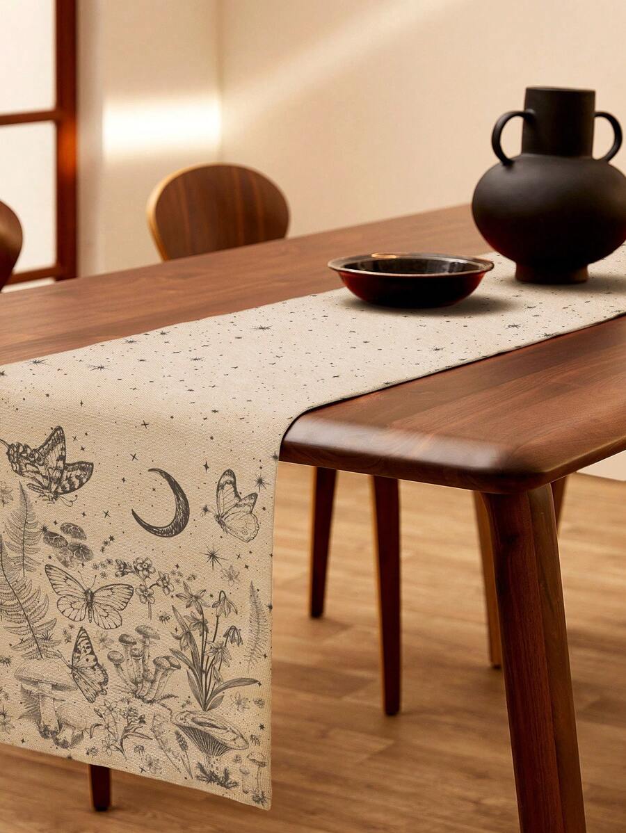 1pc Plant & Mushroom Pattern Table Runner, Modern Polyester Table Runner For Home - Multicolor - View 1