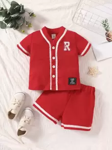 男嬰字母補丁細節撞色滾邊襯衫和短褲 - 紅色 - 查看 1