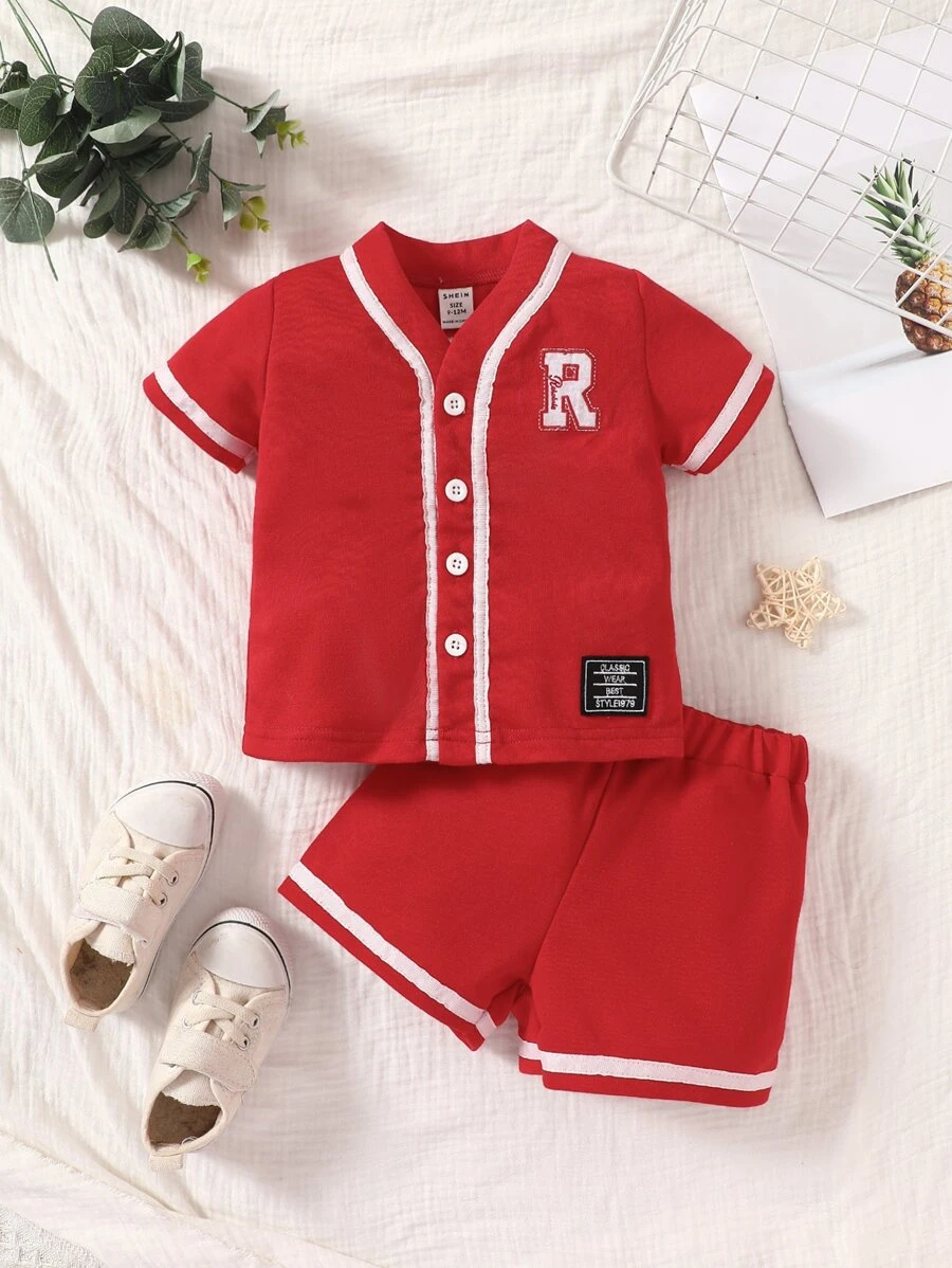 男嬰字母補丁細節撞色滾邊襯衫和短褲 - 紅色 - 查看 1