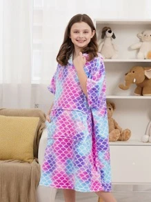 Girls Fish Scales Print Hooded Sleepwear - Multicolor - View 4