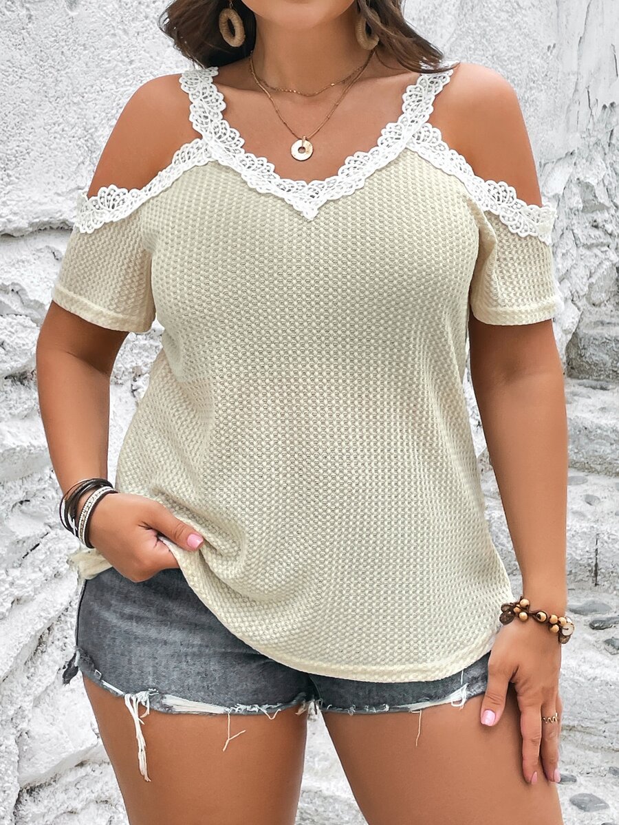 SHEIN LUNE Camiseta con encaje en contraste de hombros descubiertos tejido waffle - Beis - Ver 1