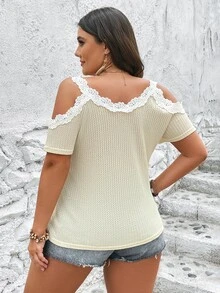 SHEIN LUNE Camiseta con encaje en contraste de hombros descubiertos tejido waffle - Beis - Ver 2