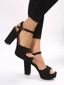 女士極簡防水台粗跟踝帶優雅黑色仿麂皮高跟涼鞋 - 黑色 - 查看 1