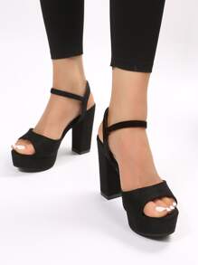 女士極簡防水台粗跟踝帶優雅黑色仿麂皮高跟涼鞋 - 黑色 - 查看 2