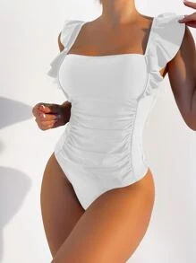 Tankini de verano con volantes y drapeado - Blanco - Ver 4