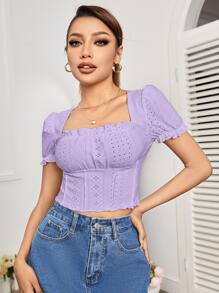SHEIN PETITE Square Neck Eyelet Embroidery Frill Trim Crop Tee - Lilac Purple - View 1