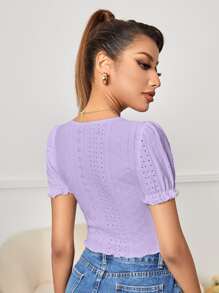 SHEIN PETITE Square Neck Eyelet Embroidery Frill Trim Crop Tee - Lilac Purple - View 2