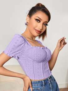 SHEIN PETITE Square Neck Eyelet Embroidery Frill Trim Crop Tee - Lilac Purple - View 3