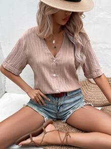 SHEIN VCAY Áo sơ mi nữ Nút phía trước màu trơn Giải trí - Màu be - Xem 1