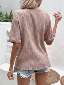 SHEIN VCAY Áo sơ mi nữ Nút phía trước màu trơn Giải trí - Màu be - Xem 2