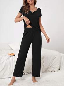 Set homewear ribete en forma de lechuga fruncido delantero - Negro - Ver 4