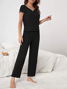 Set homewear ribete en forma de lechuga fruncido delantero - Negro - Ver 5