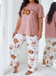 Conjunto de pijama pantalones con camiseta con estampado de dibujos animados - Rosa vieja - Ver 5