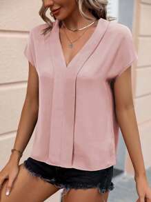 SHEIN Clasi Áo sơ mi nữ màu trơn Giải trí - Màu Hồng baby - Xem 3