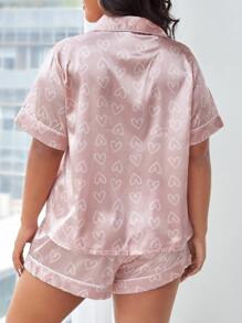 Plus Heart Jacquard Satin PJ Set - Pink - View 2