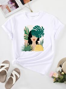 SHEIN Essnce Áo thun nữ Con số Thực vật Giải trí - trắng - Xem 1