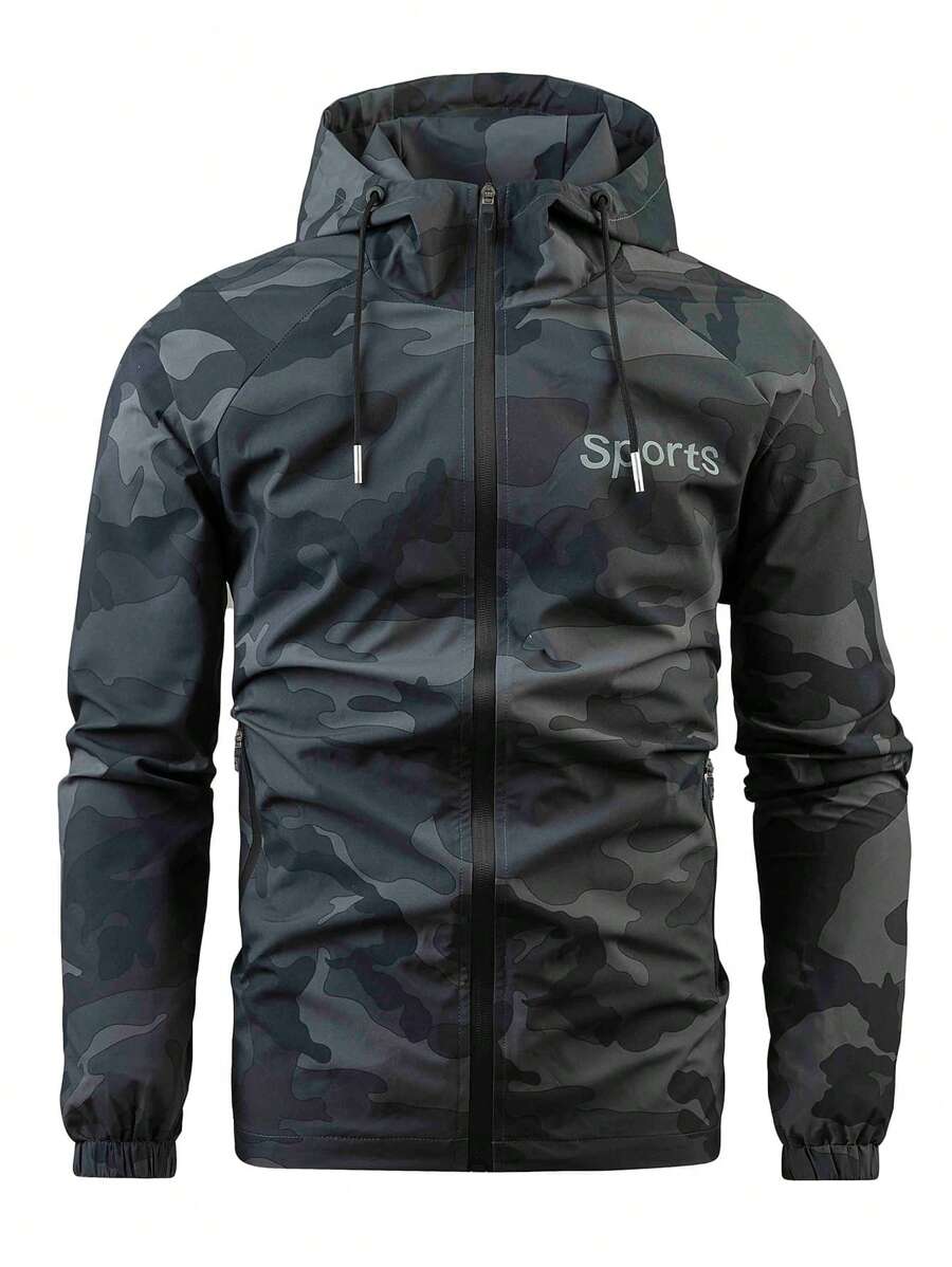 Manfinity Running Boyfriend Style Men Camo And Letter Graphic Zip Up Drawstring Hooded Sports Jacket  Workout Tops Workout Tops Fall Breathable - Multicolor - View 1