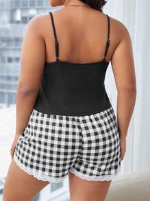 Plus Gingham Print Lace Trim PJ Set - Black and White - View 2