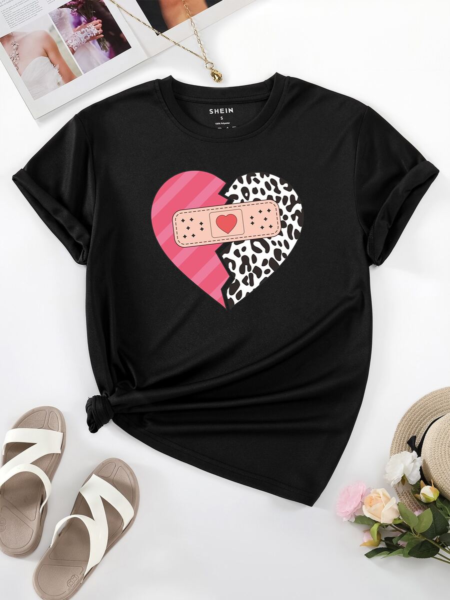 SHEIN LUNE 愛心圖案T恤 - 黑色 - 查看 1