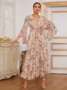 Seusyu 印花荷葉袖繫腰帶連衣裙 - 杏色 - 查看 1