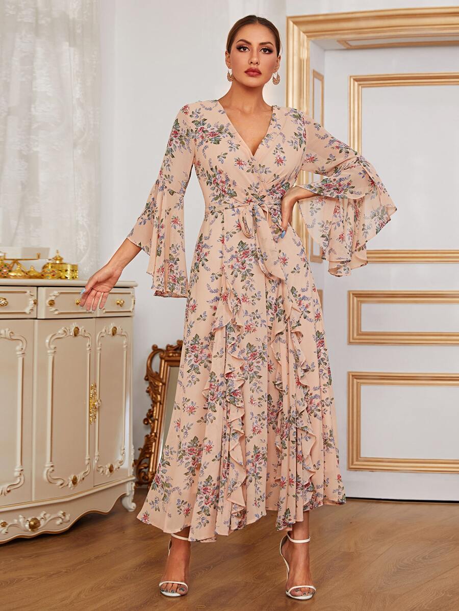 Seusyu 印花荷葉袖繫腰帶連衣裙 - 杏色 - 查看 1