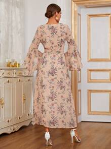 Seusyu 印花荷葉袖繫腰帶連衣裙 - 杏色 - 查看 2