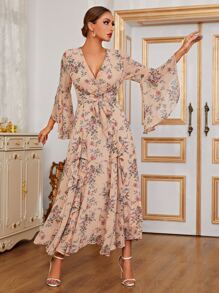 Seusyu 印花荷葉袖繫腰帶連衣裙 - 杏色 - 查看 3