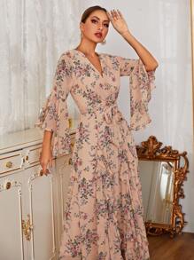 Seusyu 印花荷葉袖繫腰帶連衣裙 - 杏色 - 查看 4