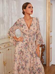 Seusyu 印花荷葉袖繫腰帶連衣裙 - 杏色 - 查看 6