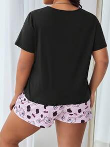 Plus Letter & Cartoon Graphic Tee & Shorts PJ Set - Multicolor - View 2