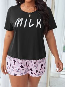 Plus Letter & Cartoon Graphic Tee & Shorts PJ Set - Multicolor - View 4