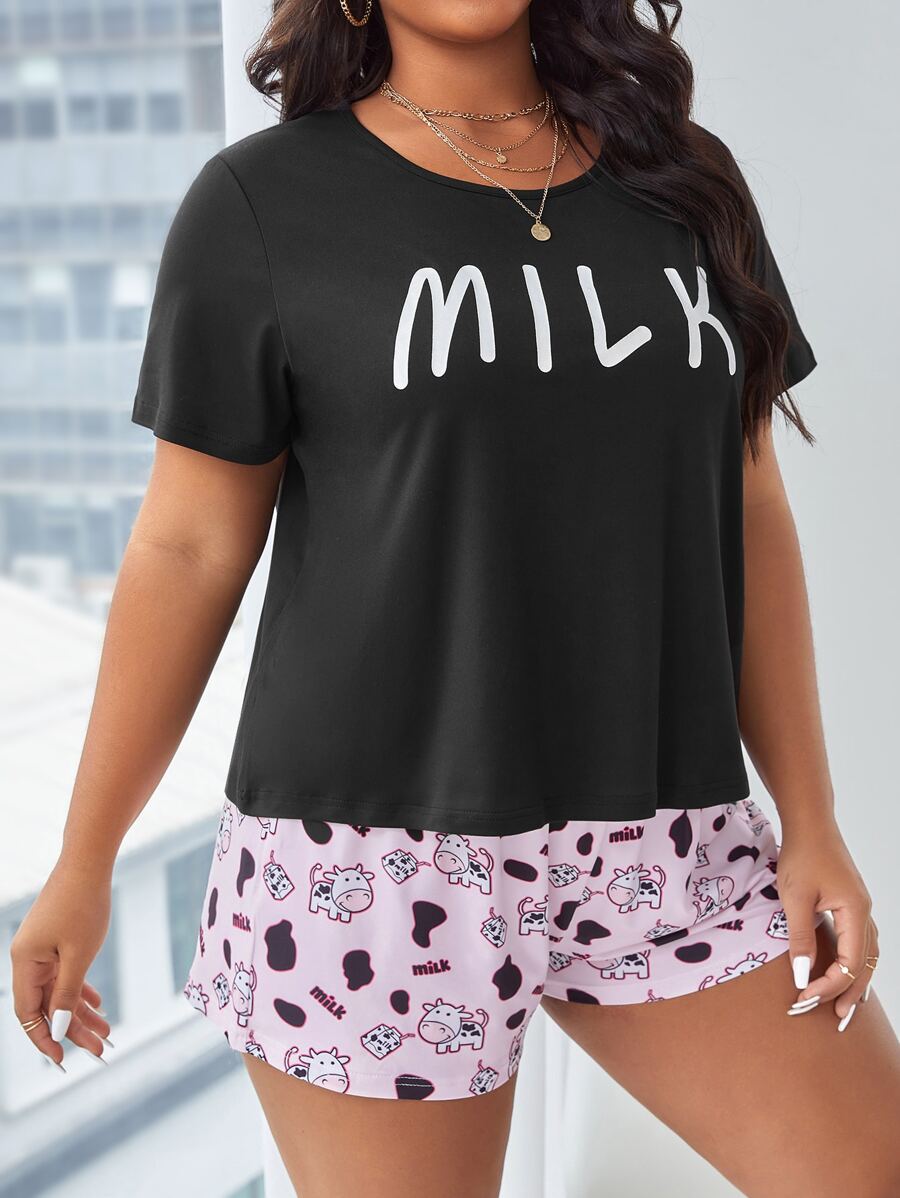 Plus Letter & Cartoon Graphic Tee & Shorts PJ Set - Multicolor - View 1