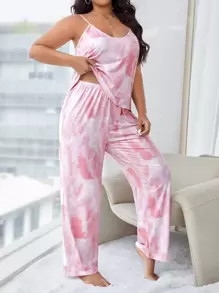 Plus Tie Dye Cami Top & Trousers PJ Set - Baby Pink - View 1