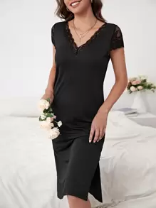 蕾絲拼接高衩睡裙 - 黑色 - 查看 2