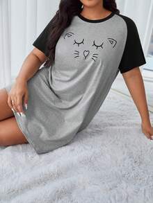 大碼卡通圖案插肩袖睡裙