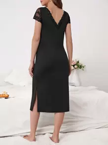 蕾絲拼接高衩睡裙 - 黑色 - 查看 3