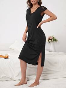 蕾絲拼接高衩睡裙 - 黑色 - 查看 1