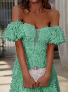 Off Shoulder Mesh Insert Dress - Green - View 3