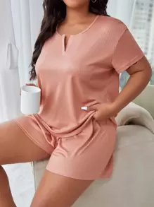 Conjunto de pijama shorts con camiseta de cuello notch - Naranja Coral - Ver 1