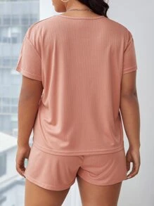 Conjunto de pijama shorts con camiseta de cuello notch - Naranja Coral - Ver 2