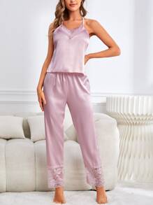 Bộ đồ ngủ Nữ Tương phản ren màu trơn Thanh lịch - Màu Hồng baby - Xem 5